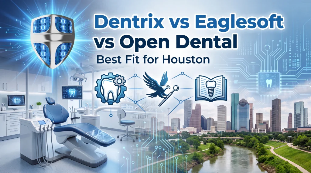 Dentrix vs Eaglesoft vs Open Dental dashboard comparison for a Houston dental practice