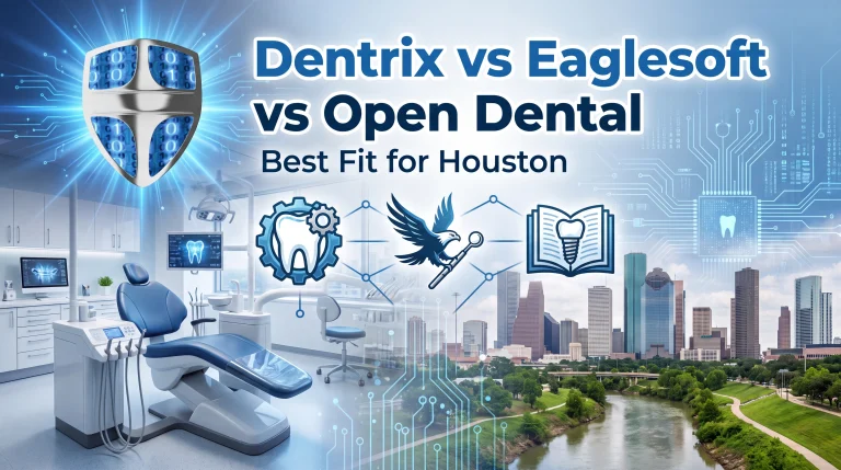 Dentrix vs Eaglesoft vs Open Dental dashboard comparison for a Houston dental practice