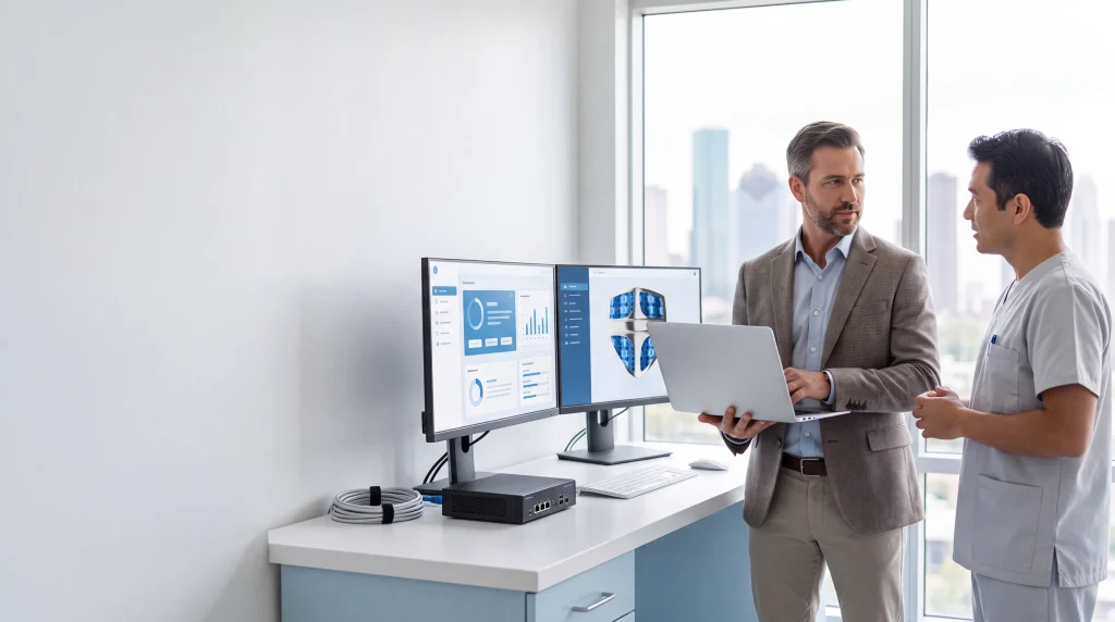 Flat-Rate Assurance Plan Essentials for Houston Dental IT Support â CompTSS Houston dental IT support setting up secure, flat-rate managed systems inside a local dental operatory