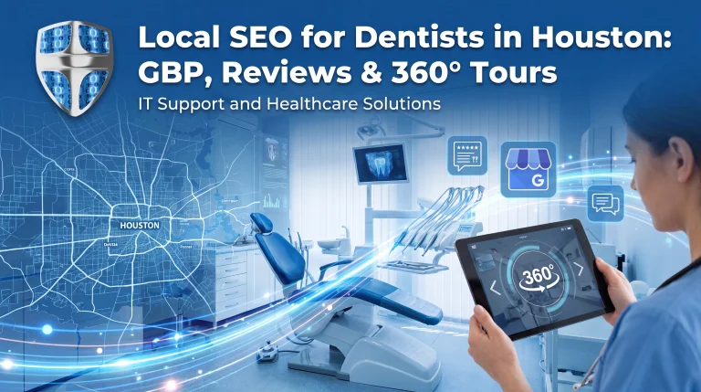 Dentist in Houston showcasing Google Business Profile with patient reviews and a 360° office tour—local SEO for dentists in Houston