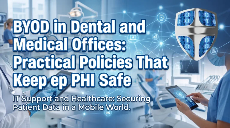 Front desk staff in a Houston dental clinic reviewing a BYOD policy for healthcare on a smartphone with a mobile device management app enabled