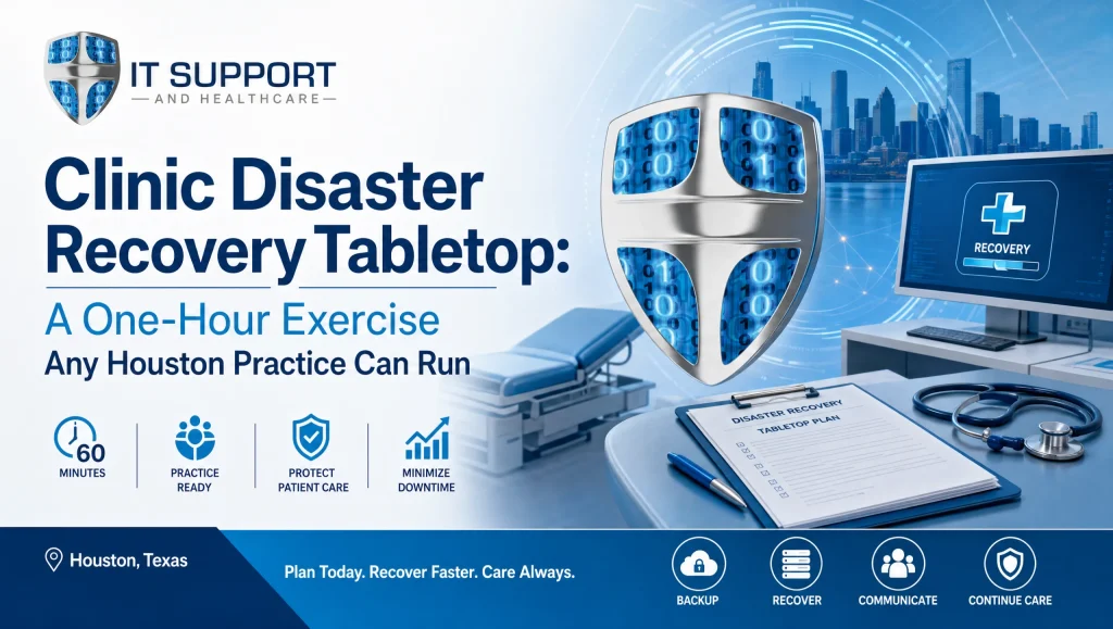Houston dental team running a clinic disaster recovery tabletop exercise with laptops and a printed playbook during a one-hour drill