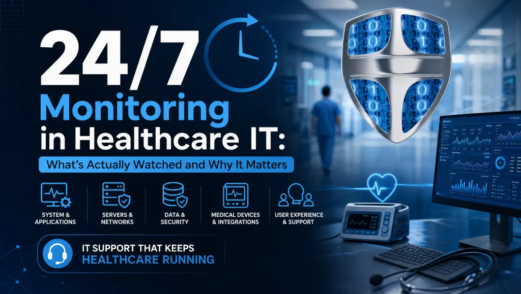 Nurse viewing a live dashboard of 24/7 monitoring healthcare IT alerts with endpoint status, patching notices, and clinic network activity at a Houston facility.