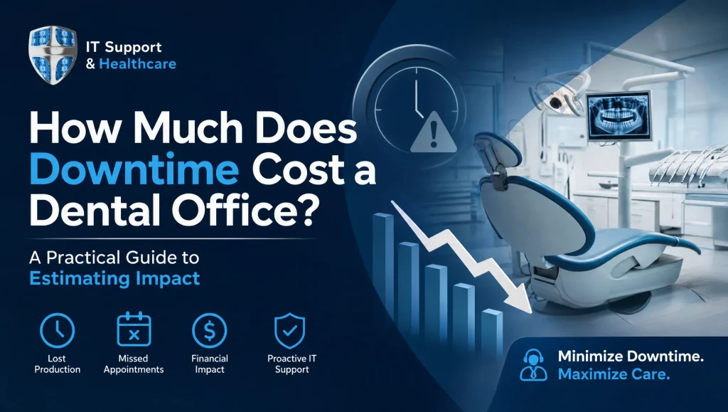 Estimating Dental Office Downtime Cost for Houston Practices Houston dentist and office manager reviewing a worksheet to estimate dental office downtime cost, including lost appointments and IT outage impacts