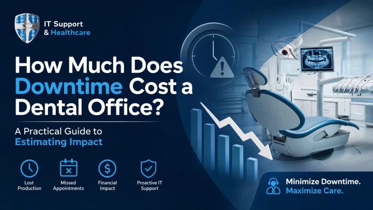 Houston dentist and office manager reviewing a worksheet to estimate dental office downtime cost, including lost appointments and IT outage impacts