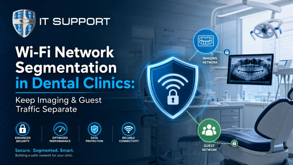 Dental office network segmentation diagram separating imaging systems from guest Wi‑Fi in a Houston clinic