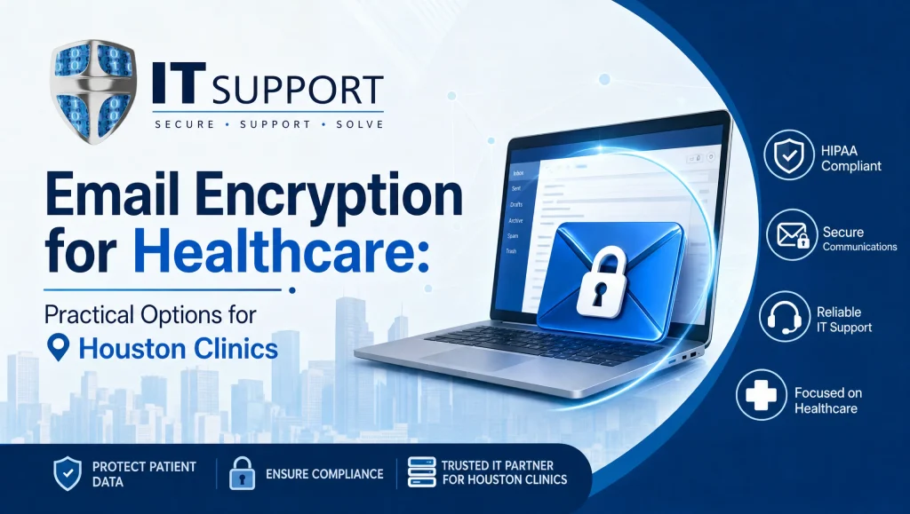 Email Encryption Options for Houston Healthcare Clinics | CompTSS Clinician at a Houston clinic reviewing an encrypted email banner on a laptop to protect PHI — healthcare email encryption Houston