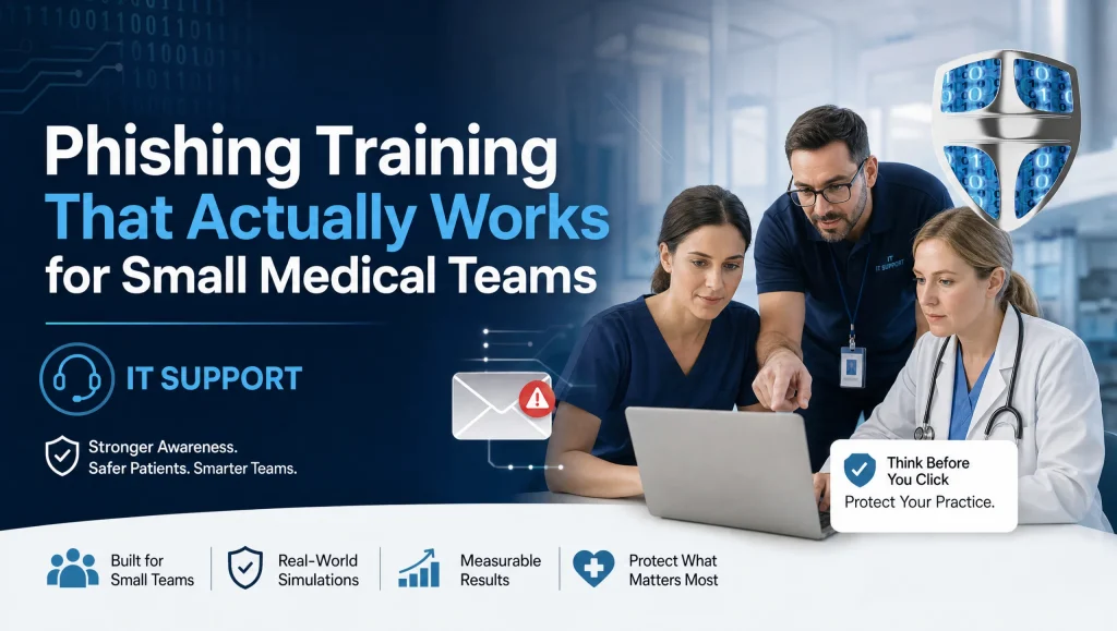 Small Houston medical team reviewing simulated phishing emails during phishing training for medical offices, guided by an IT trainer on a clinic workstation