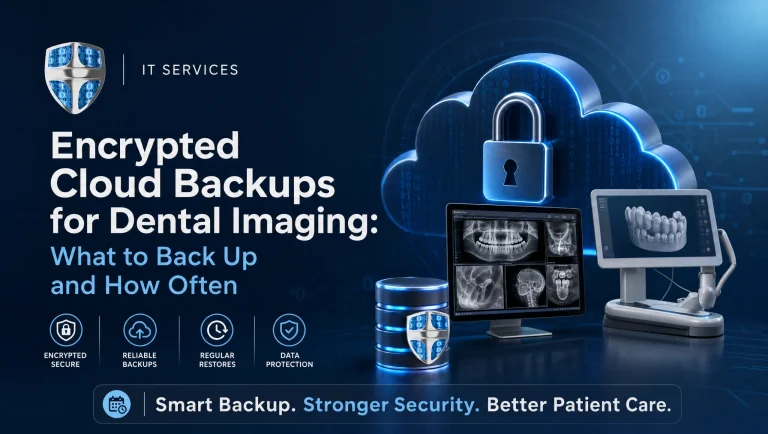 Encrypted cloud backups for dental imaging with secure PACS and Dexis backup workflows and offsite backups enabled at a Houston dental practice