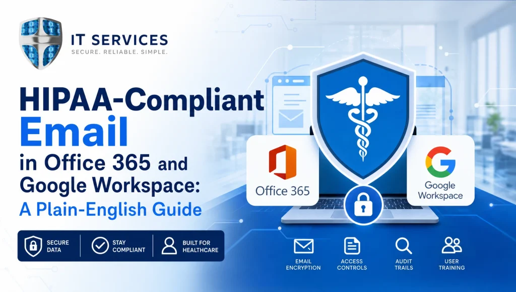 IT specialist in Houston configuring HIPAA compliant email in Office 365 and Google Workspace with encryption for PHI