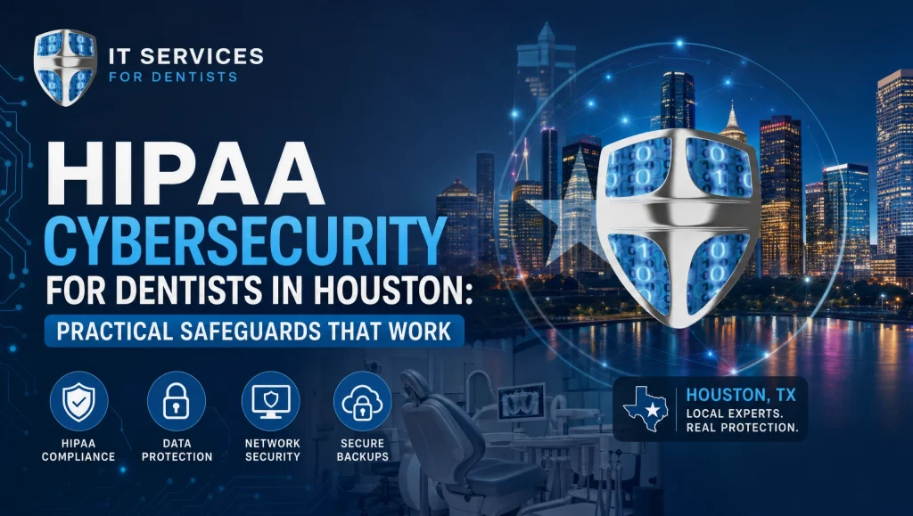 Houston dental practice applying HIPAA cybersecurity for dentists with MFA prompts, email filtering, and routine patch management at the front desk