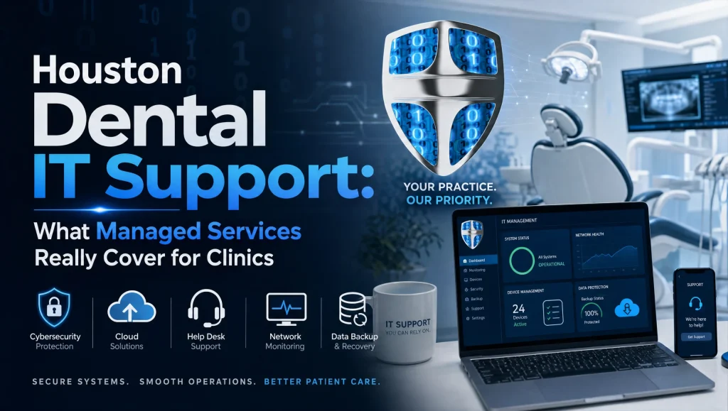 Technician configuring secure backups and dental software in a Houston clinic—Houston dental IT support that keeps patient data protected and systems running