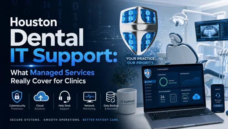 Technician configuring secure backups and dental software in a Houston clinic—Houston dental IT support that keeps patient data protected and systems running