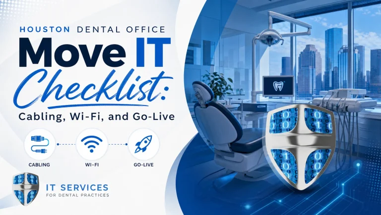 Technician labeling network cables and testing Wi‑Fi at a Houston practice, following a dental office IT move checklist before go‑live