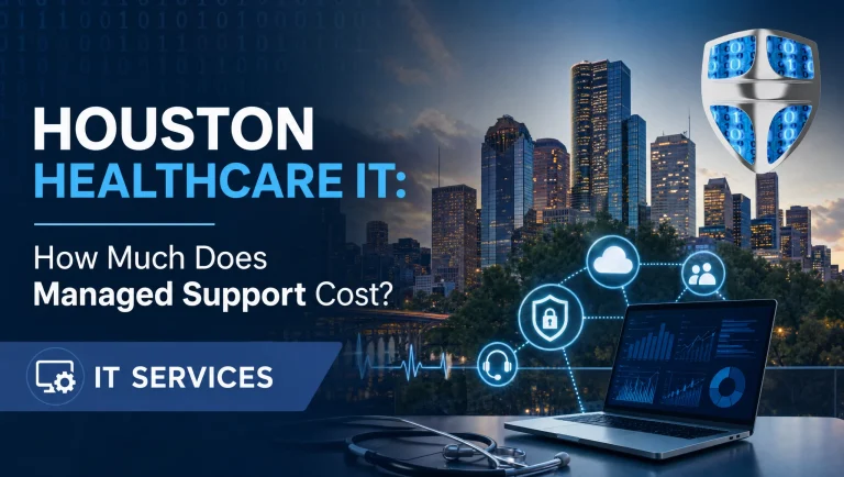 IT consultant reviewing a Houston dental clinic’s network plan and budget, discussing managed IT support cost Houston alongside HIPAA security requirements