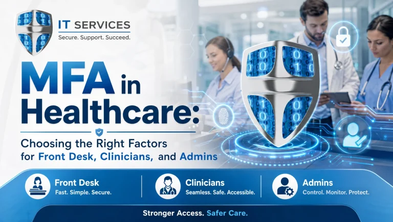 MFA for healthcare shown across a Houston clinic’s front desk, clinician tablet, and admin workstation to choose secure sign-in factors
