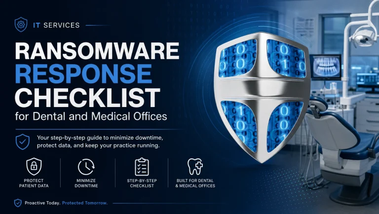 Calm, step-by-step ransomware response checklist for dental and medical offices, showing isolation, notification, HIPAA review, and data recovery steps